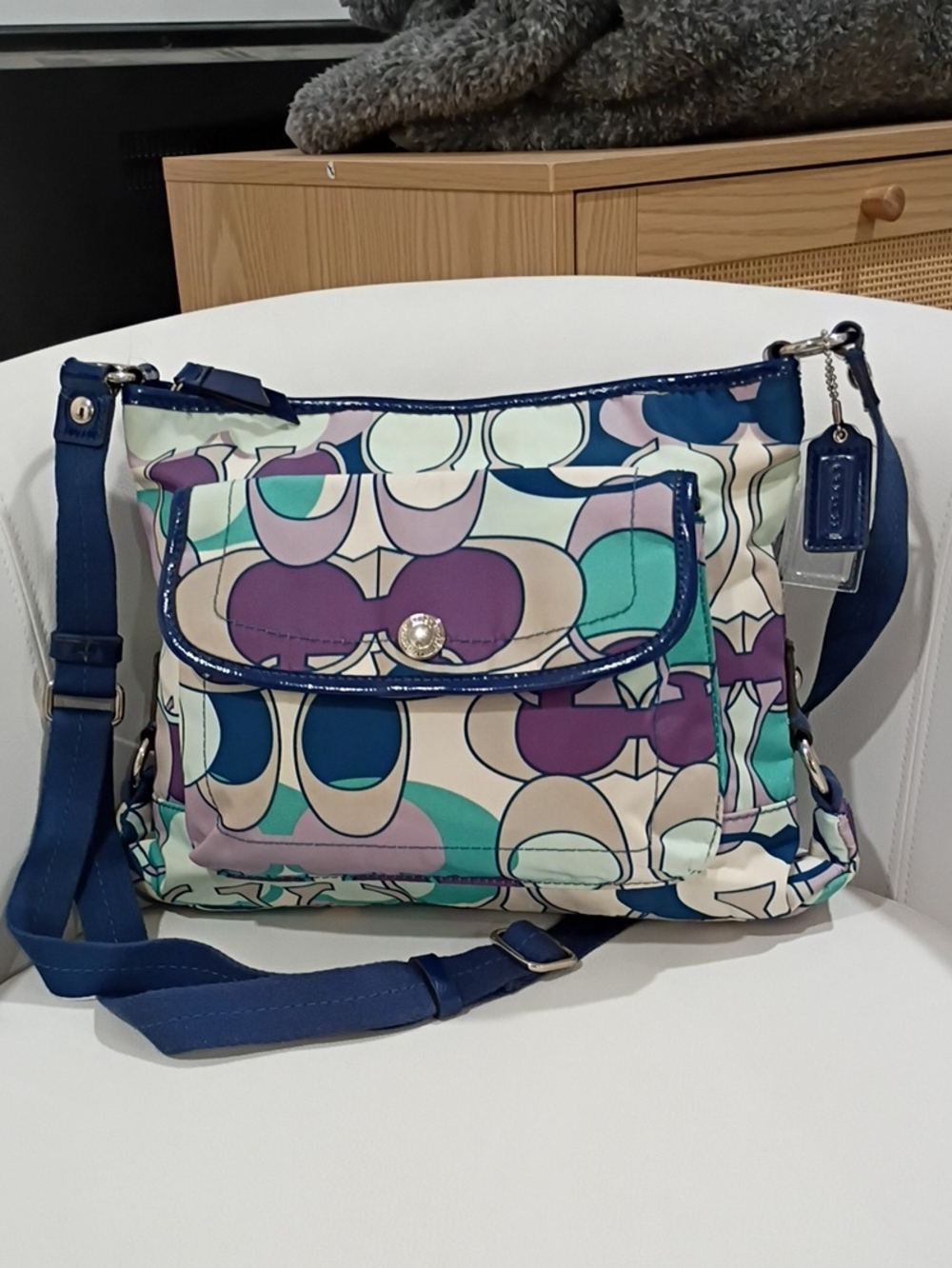 COACH Kyra Daisy Scarf Signature Print Crossbody Bag with Blue Leather Trim